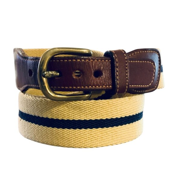 Vintage Dooney & Bourke Belt Size 36 Fits Like 34 Cream Navy Stripe Leather Tabs - Picture 1 of 6